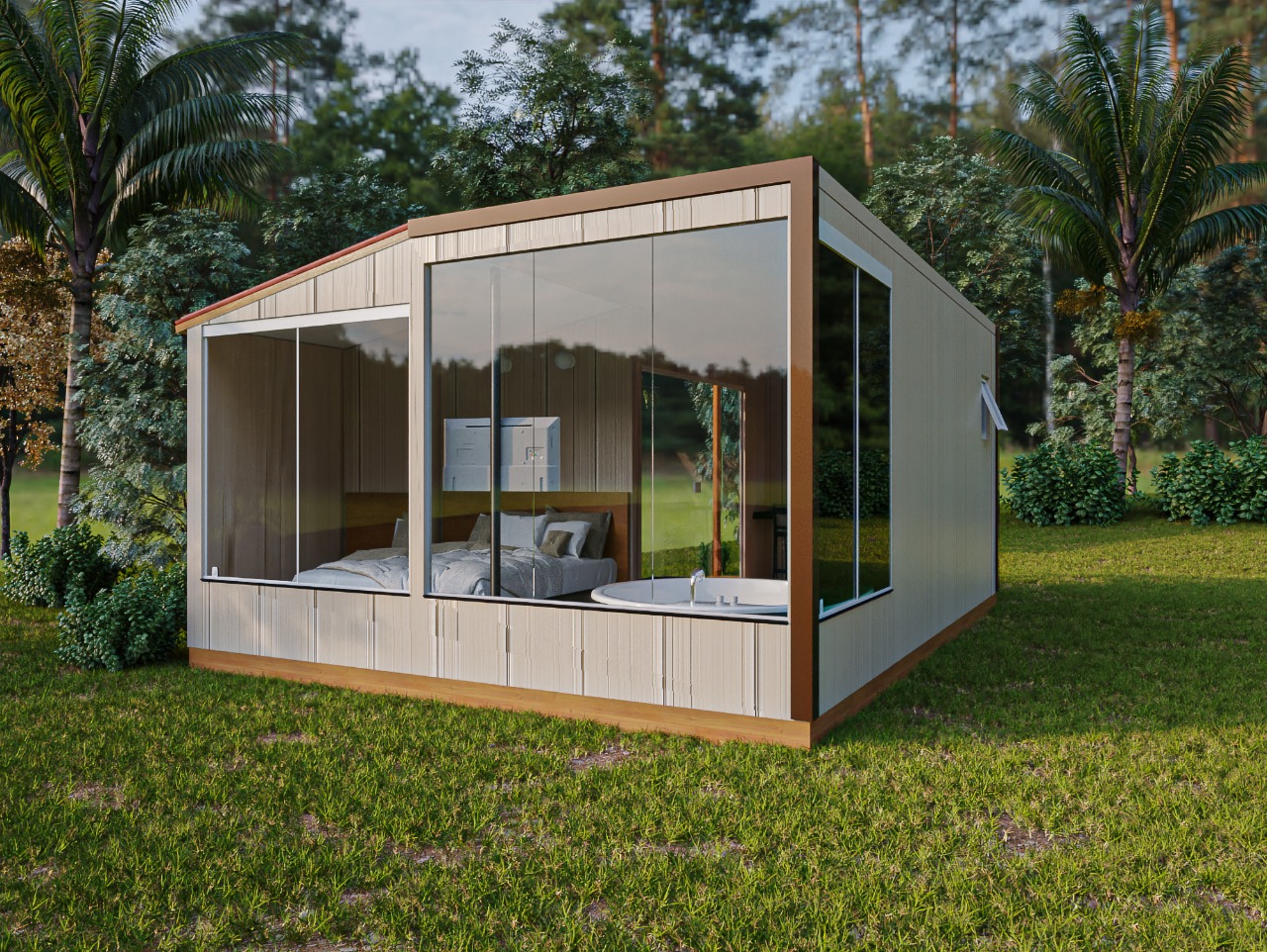 Mini casa com banheira e amplas portas de vidro